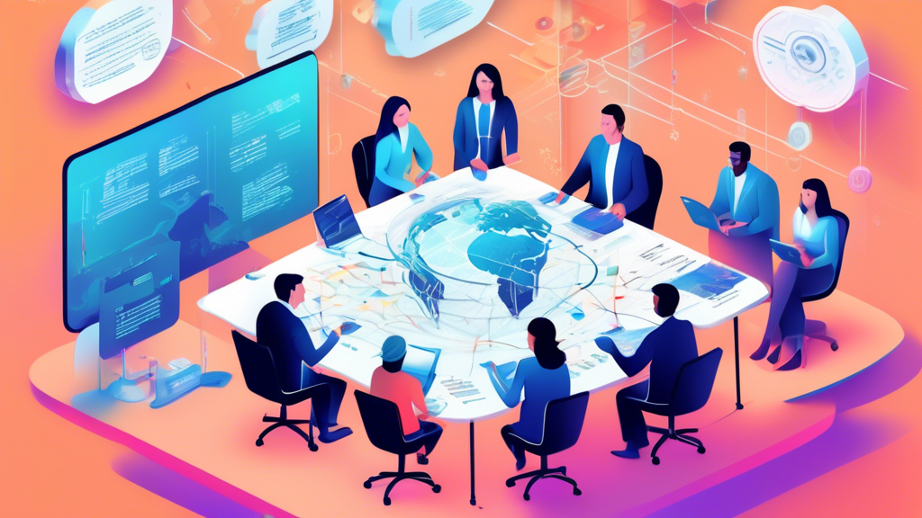 Create an illustration depicting a powerful and advanced AI language model named Mistral LLM surrounded by various international stakeholders and tech companies. Showcase a modern, high-tech setting w