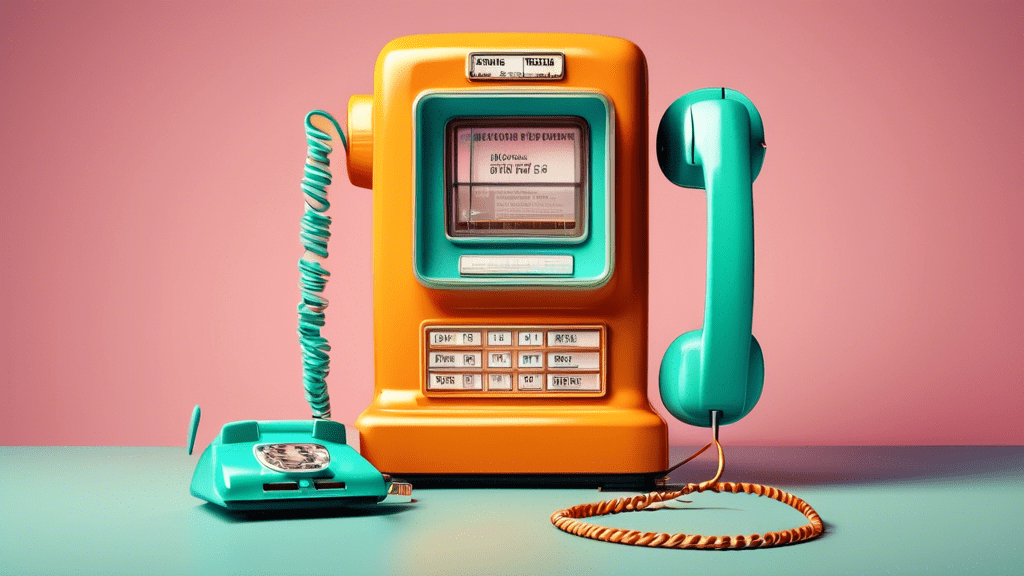 A vintage payphone with its cord plugged into a smartphone displaying a chat conversation and a countdown timer.