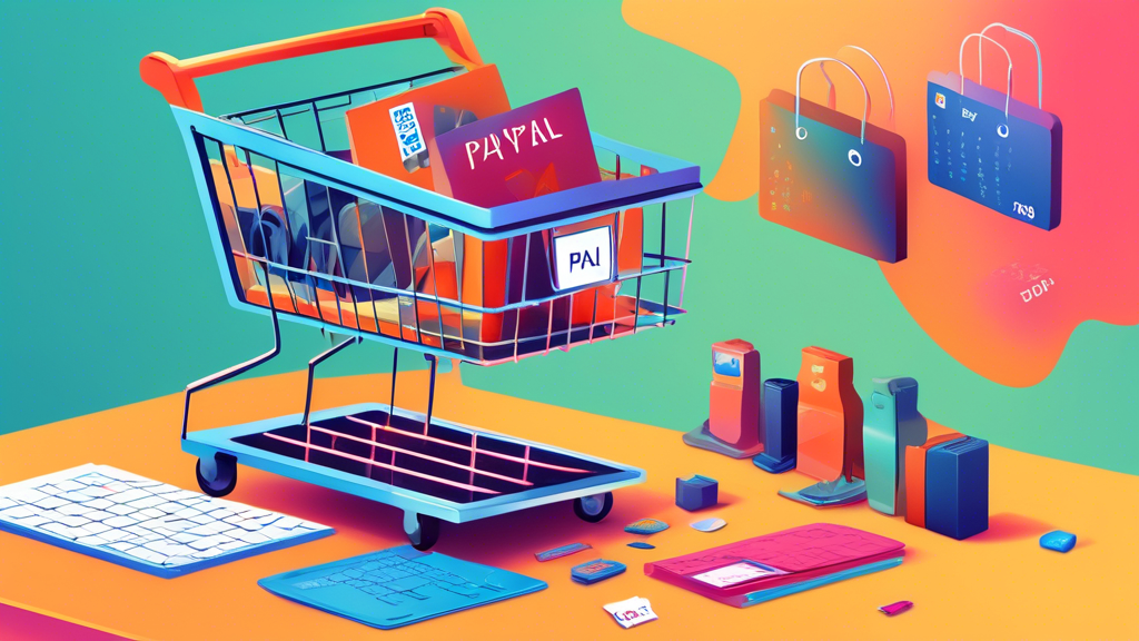 DALL-E Prompt:nA shopping cart filled with various items like clothes, electronics, and household goods, with a large PayPal logo hovering above it. In the background, there is a calendar with several
