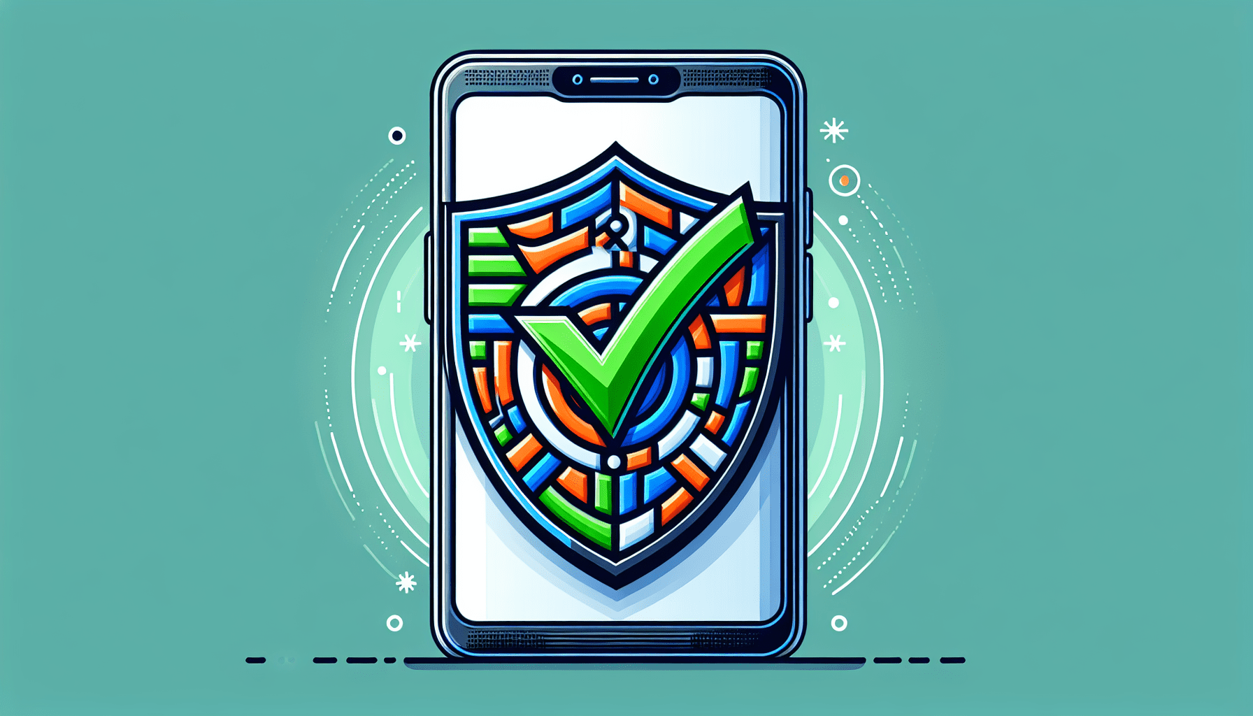 A smartphone with a shield around it and a checkmark on the screen