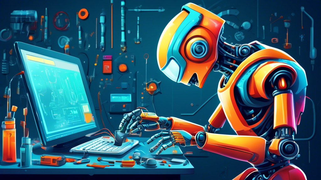 A robot performing predictive maintenance on a futuristic machine, analyzing data and making repairs with its tools