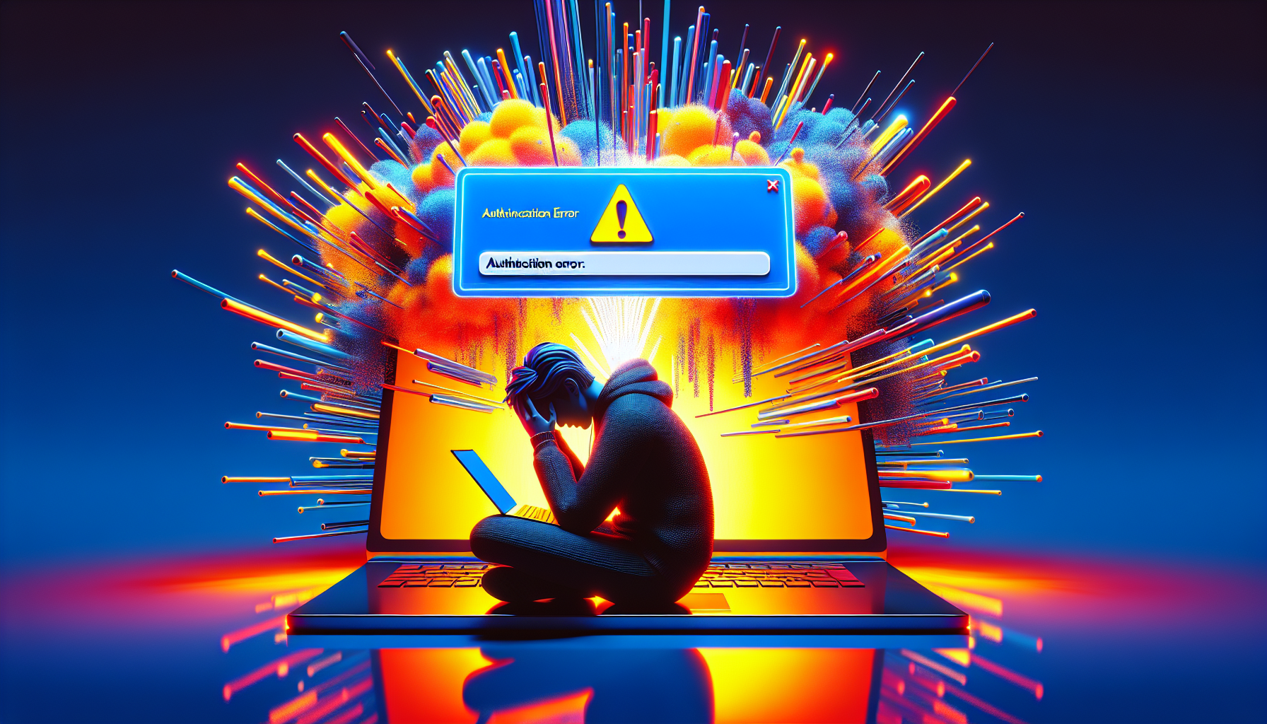 A frustrated user with their head in their hands, locked out of their online account with a giant Authentication Error message flashing on their laptop screen.