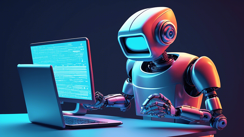 A robot holding a magnifying glass inspecting lines of code on a computer screen