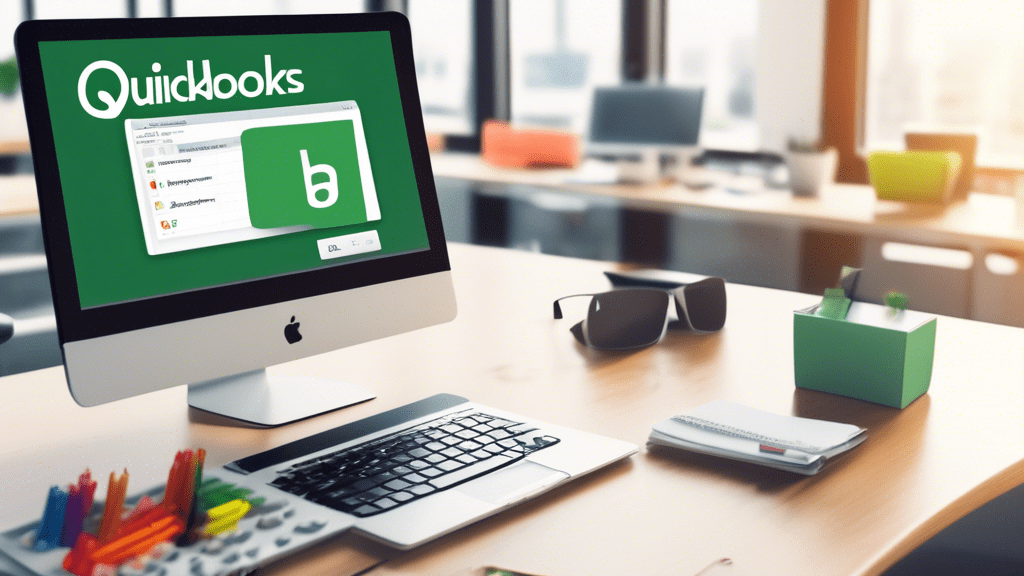 DALL-E Prompt:nA laptop screen displaying the QuickBooks login page, with a hand typing on the keyboard and a QuickBooks logo visible on the screen, set against a clean, modern office background with
