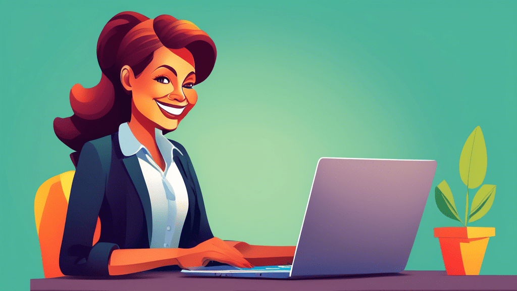 A businesswoman logging into QuickBooks on her laptop with a smile.