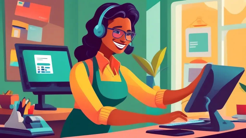 A friendly customer service representative helping a small business owner with QuickBooks software, with a helpful and supportive tone.