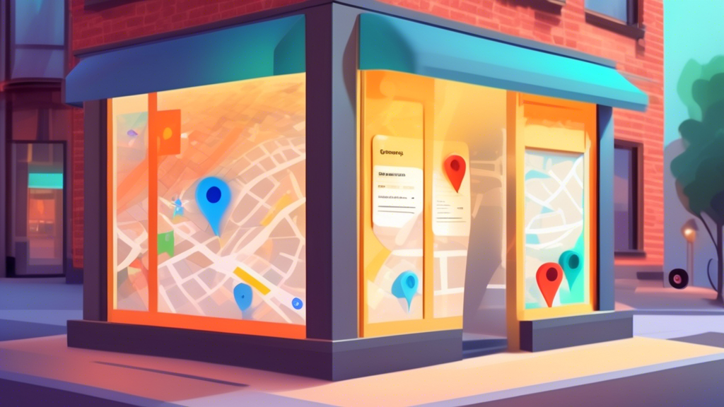 A storefront window displaying a Google Maps listing with prominent ranking factors like reviews, photos, and proximity highlighted with glowing icons.