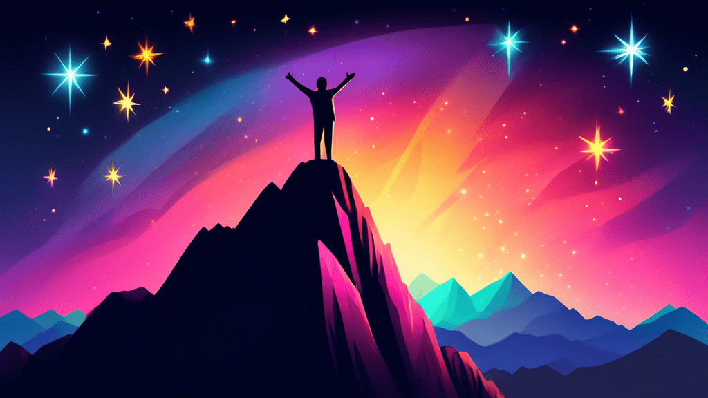 A person standing on a mountain peak, reaching towards a star with a glowing hand.