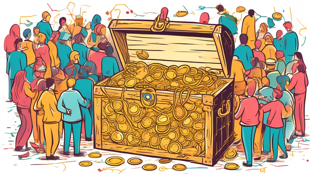 A hand drawing a network of people connected with referral links, leading to a treasure chest overflowing with gold coins.