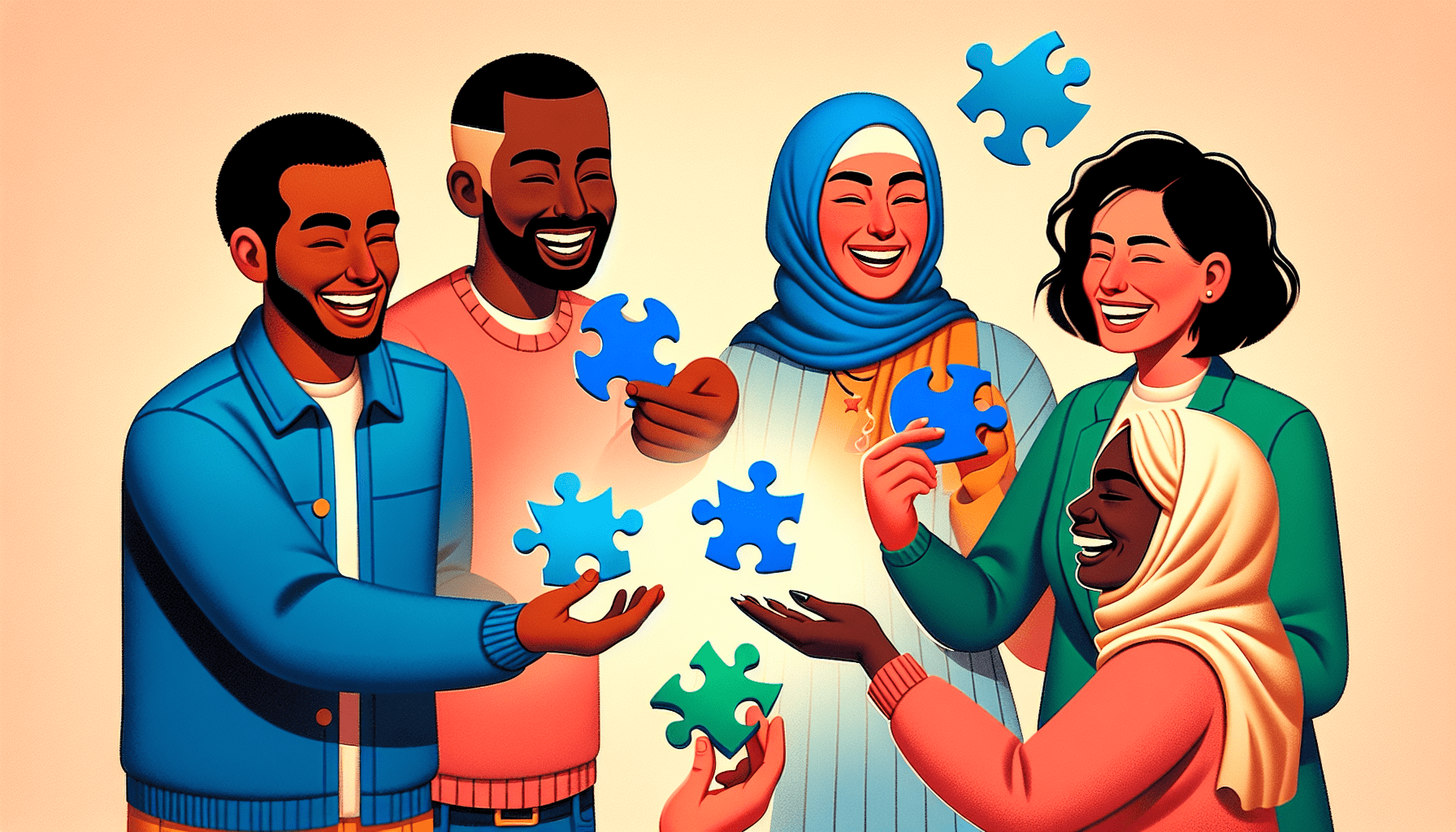 A group of diverse people smiling and passing colorful puzzle pieces to each other, representing a network of referrals.