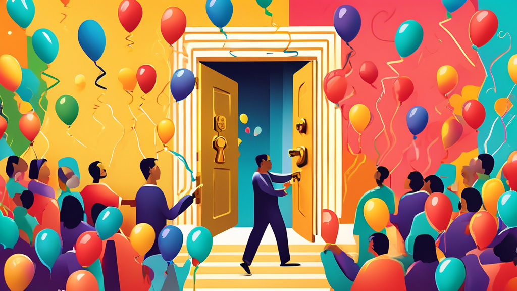 DALL-E Prompt:nA golden key with the word Referral engraved on it, unlocking a door that leads to a bright, vibrant landscape filled with opportunities, represented by colorful balloons, rising graphs