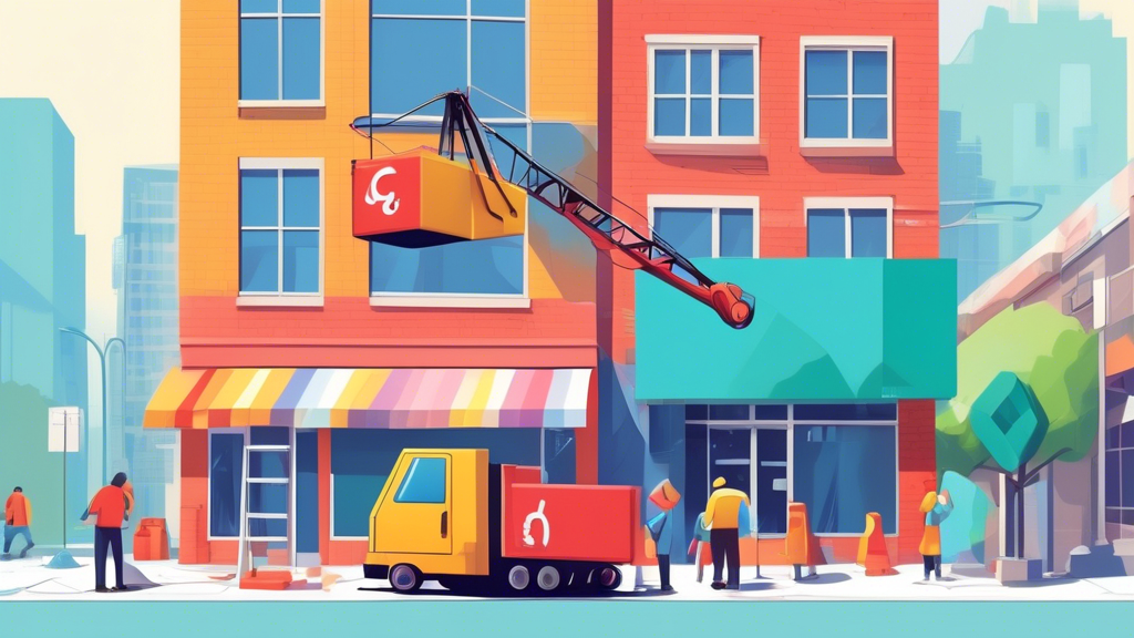 A storefront with a giant Google Maps pin on it being lifted by a crane back into place.