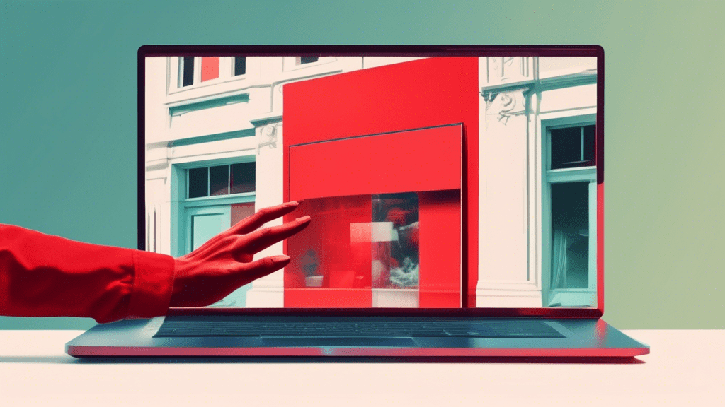A hand reaching from inside a computer screen deleting a photo of a storefront with a large red X over it.