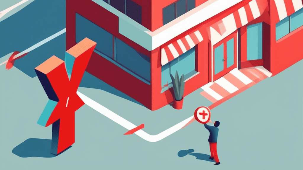 A hand erasing a storefront business icon with a large red X on a Google Maps pin, with a frustrated business owner faintly visible behind it.