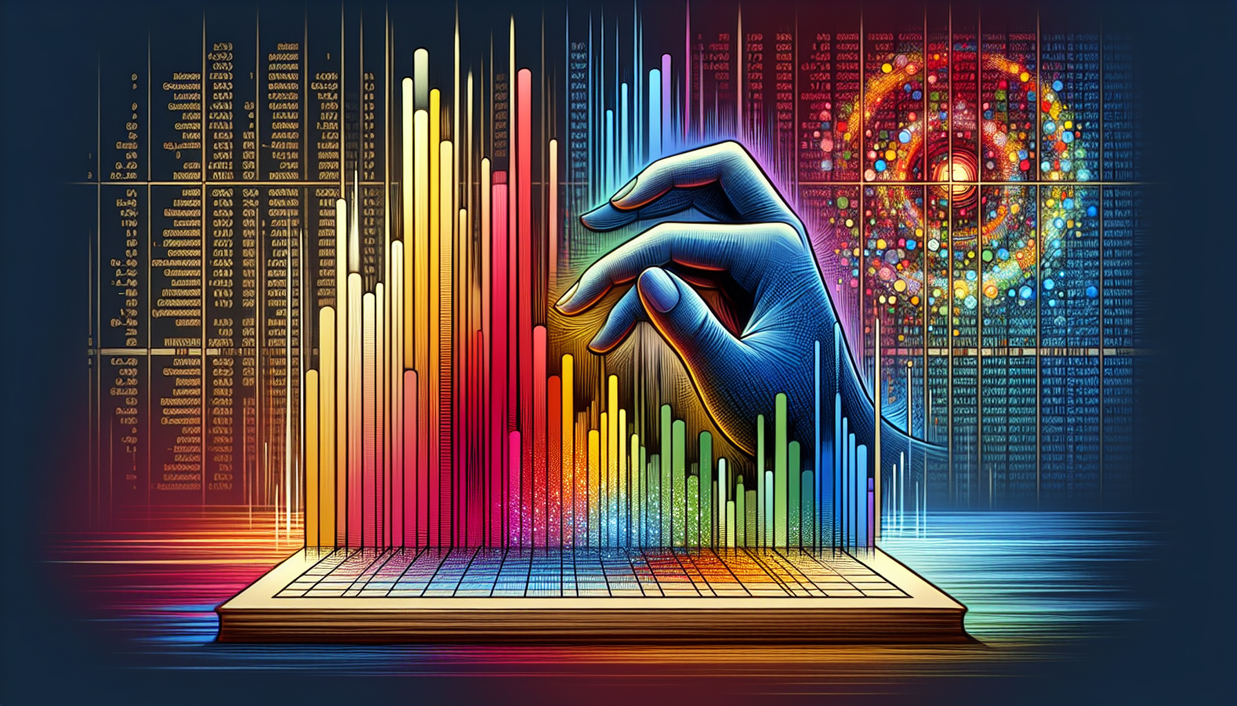 A hand dragging colorful columns of data to rearrange them in a spreadsheet, with the R logo in the background.