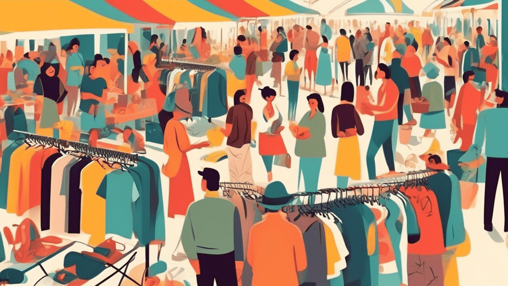 A crowded flea market with people buying and selling clothes and other used goods