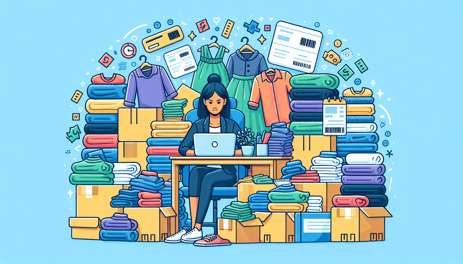 A woman reselling clothes online, surrounded by piles of garments, boxes, and shipping labels.