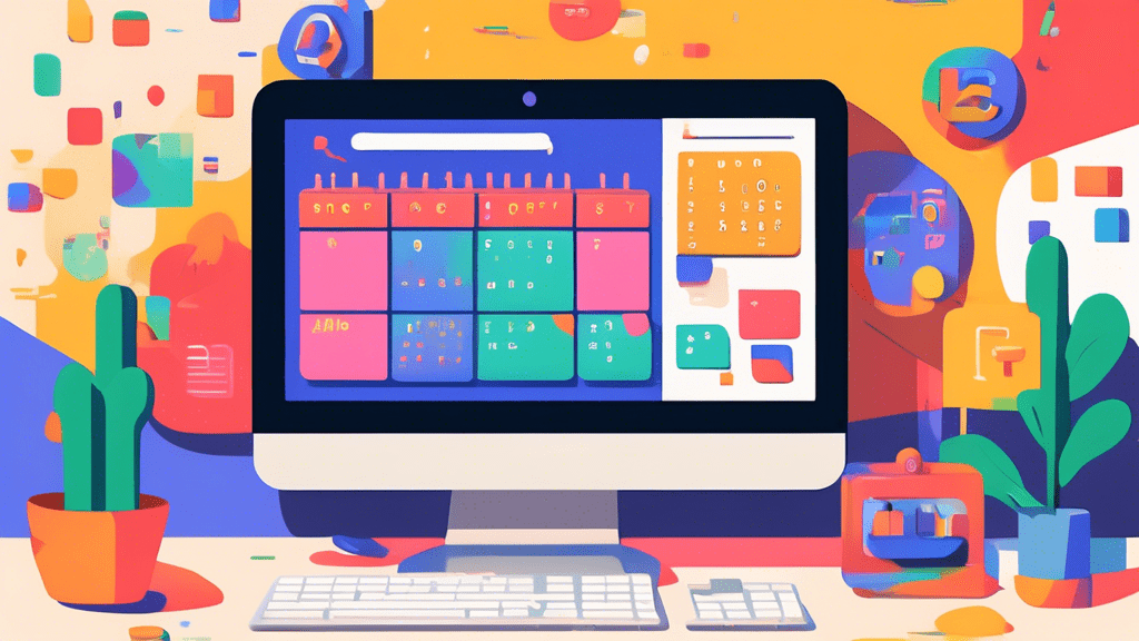 Create an image depicting a person using Google Calendar on their computer, excitedly toggling a switch to bring back the classic interface design. The computer screen shows a vibrant, retro-styled ca