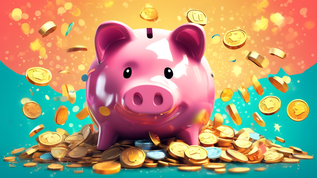 A giant coupon code floating in a piggy bank with shining coins overflowing.
