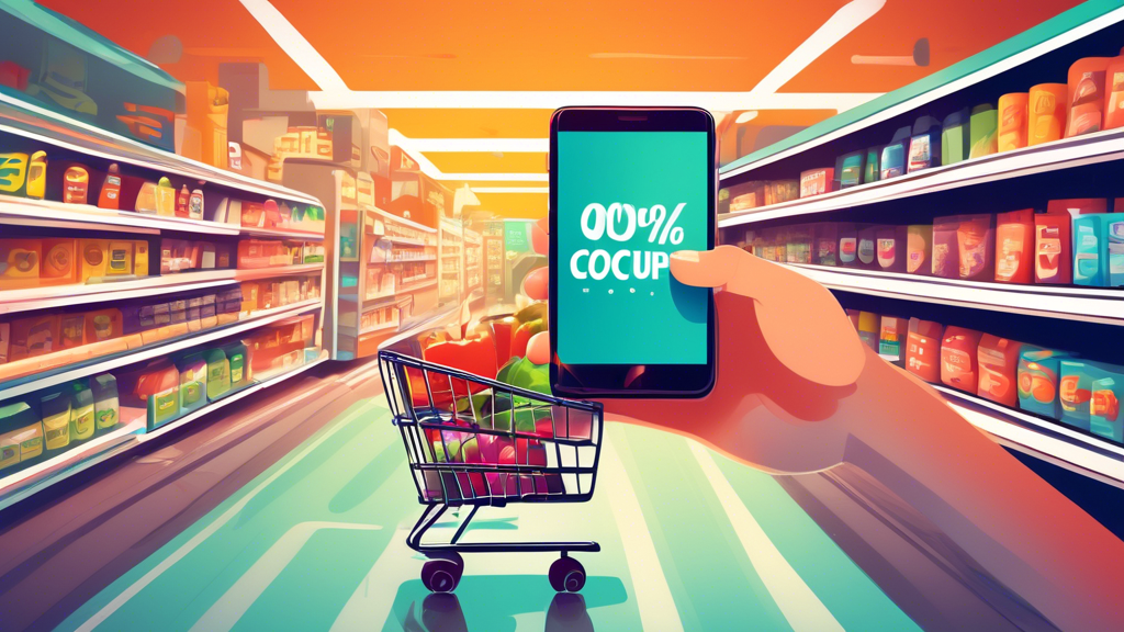 A hand holding a overflowing shopping cart filled with groceries and a smartphone with a checkout coupon code on the screen, with a background of a stylized supermarket aisle.