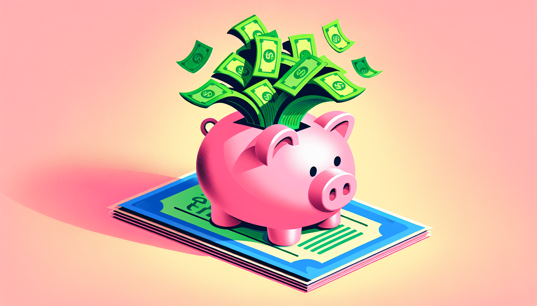 A piggy bank overflowing with cash sitting on top of a giant checkout coupon.