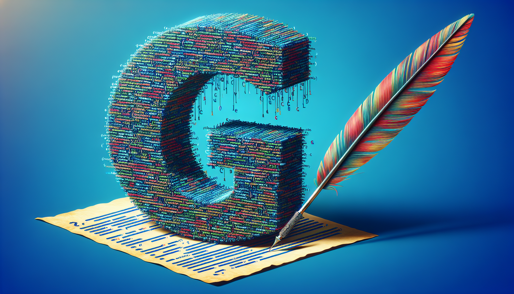 A giant letter G made of code with a quill writing on it.