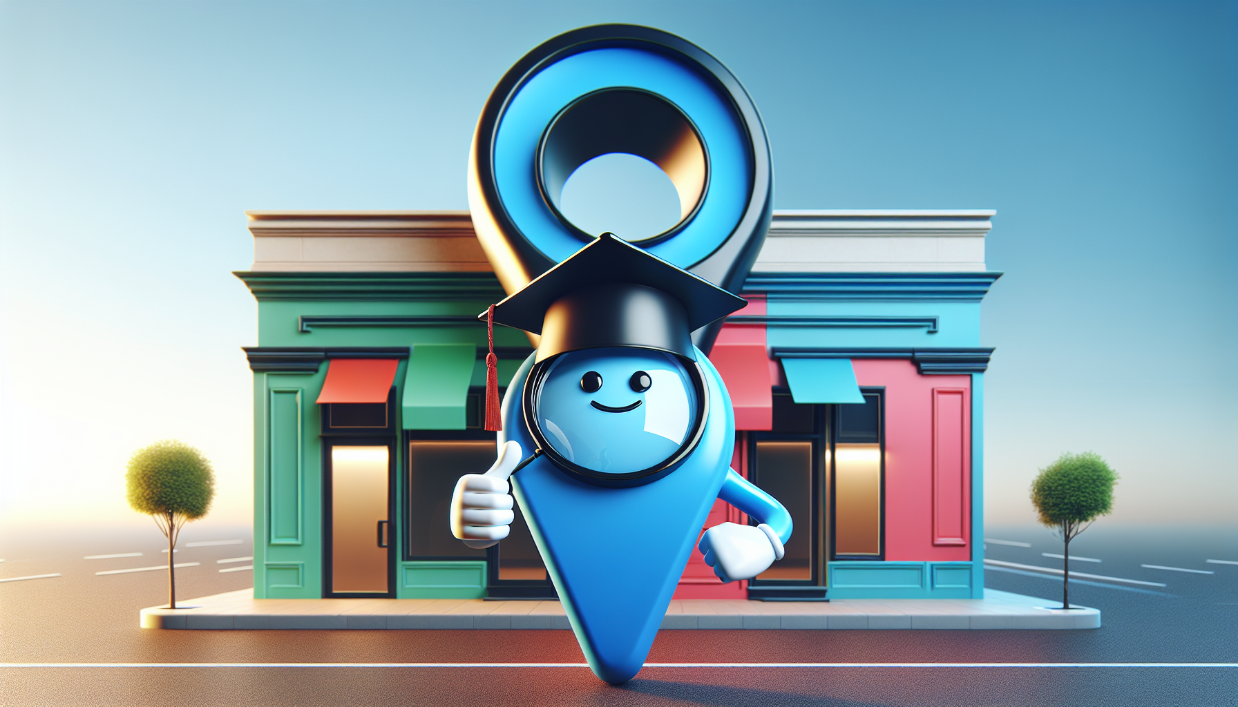 A friendly magnifying glass wearing a graduation cap giving a thumbs up in front of a storefront with a giant Google Maps location pin overhead.