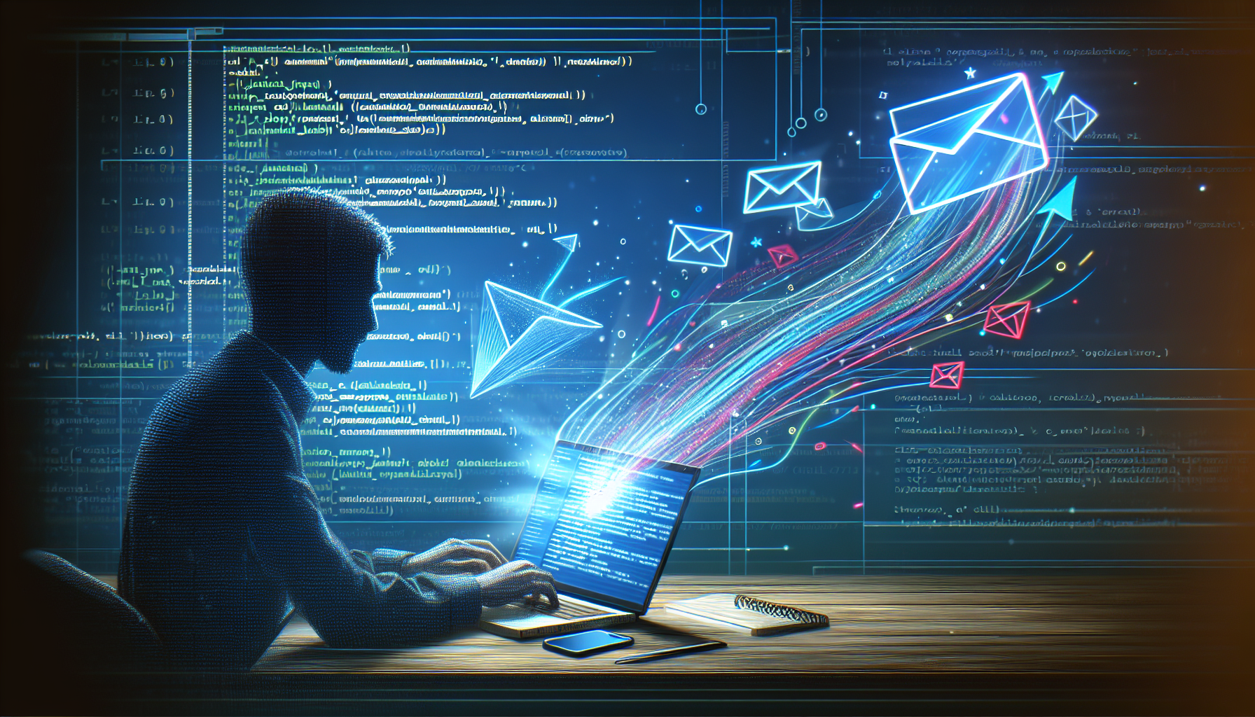 A developer sending an email with lines of code flying into an envelope.