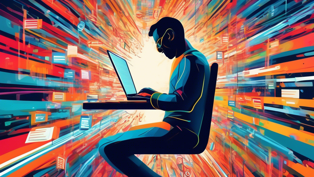 A developer sending an email with lines of code swirling around them