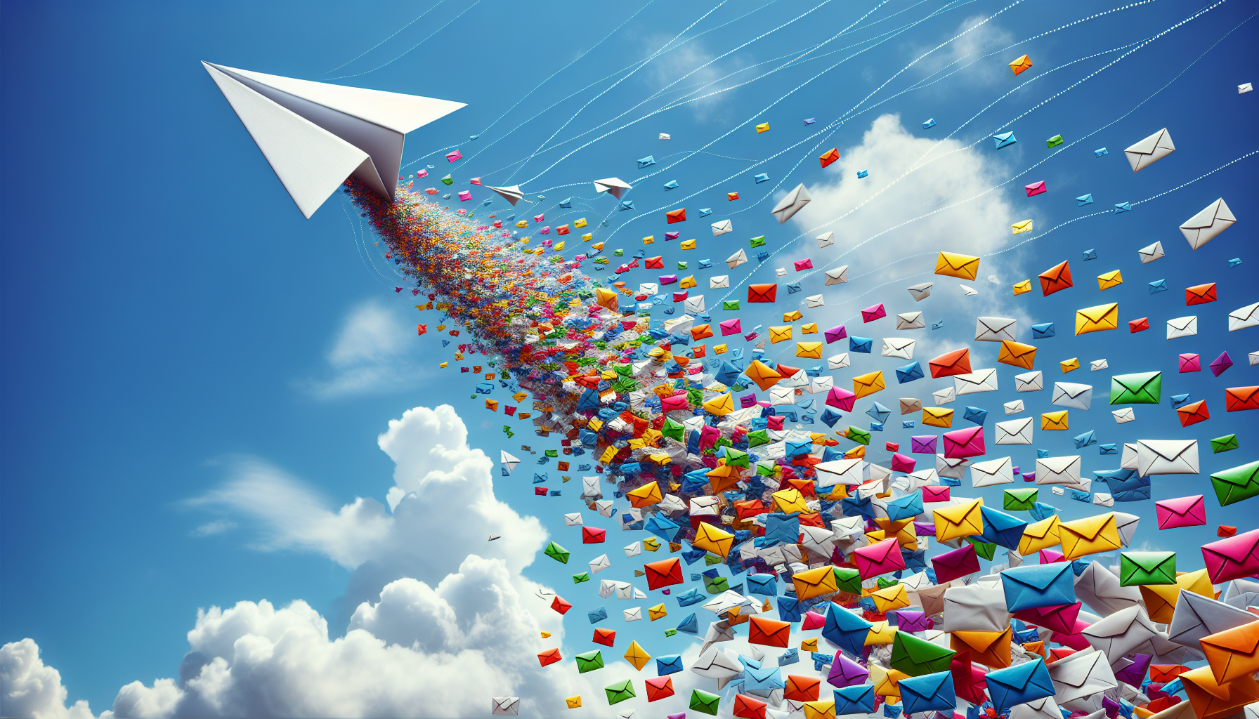 A paper airplane soaring through a grid in the sky, leaving a trail of email envelopes.