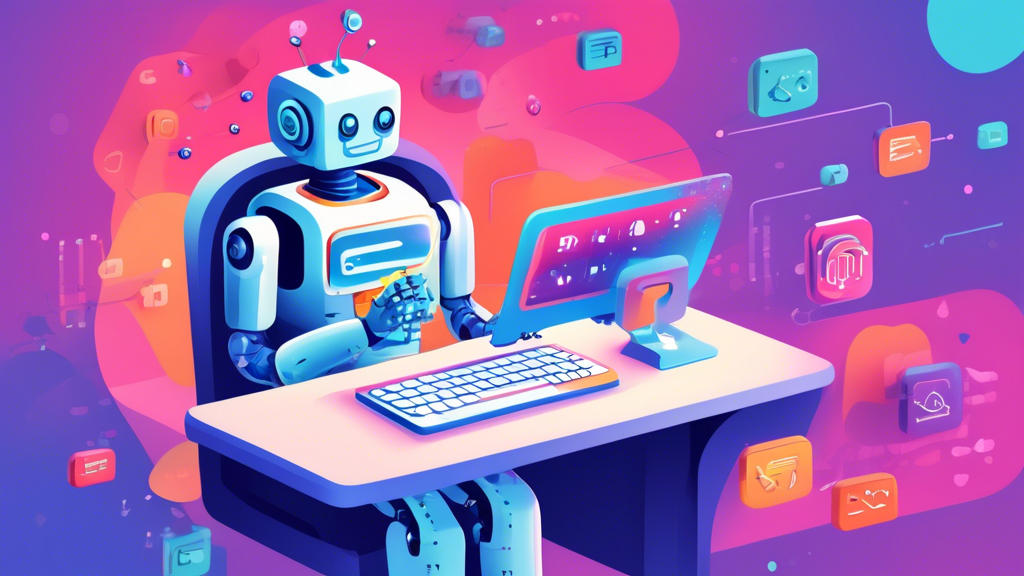 A DALL-E prompt for an image related to the article title SendGrid SMTP Settings: A Quick Guide could be:nnA friendly, helpful robot sitting at a computer, typing on a keyboard with binary code and em