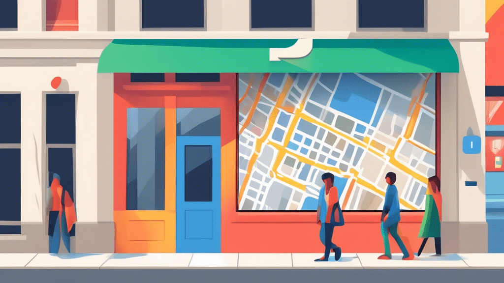 A storefront window with a large Google Maps pin icon and the text Google Business Profile overlaid on a bustling city street.