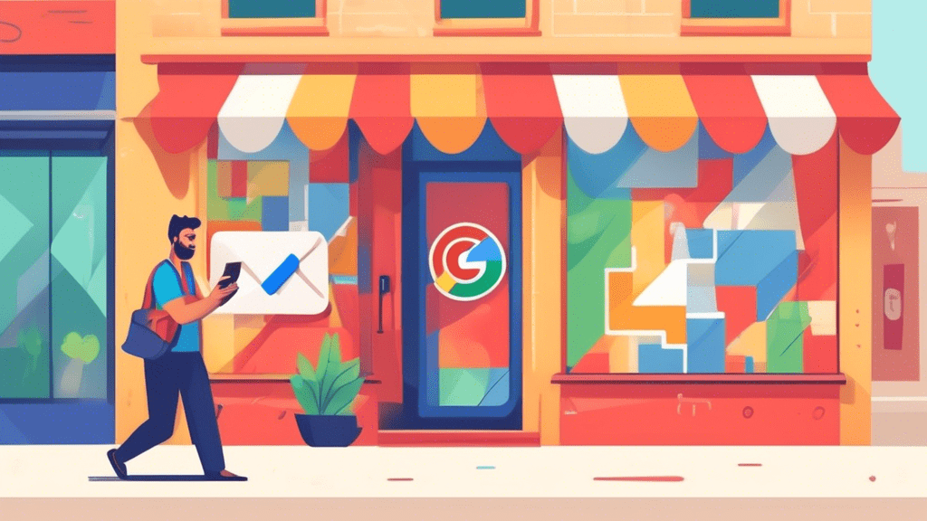 A storefront with a giant Google Maps pin sticking out of it, with a friendly shop owner holding a smartphone displaying their Google Business Profile.