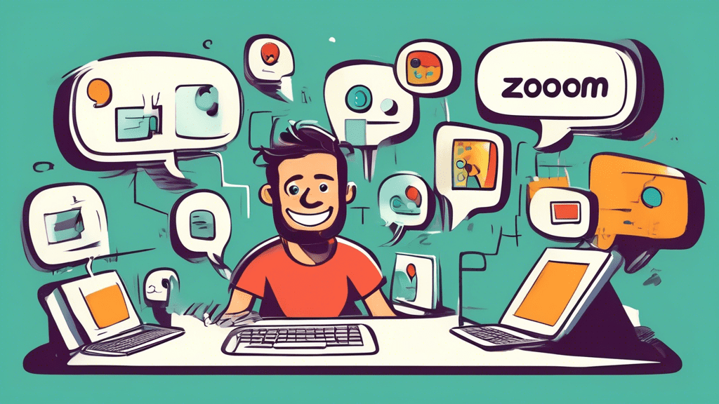 A friendly cartoon guide showing the steps to setting up a Zoom account on a computer, with speech bubbles illustrating each step.