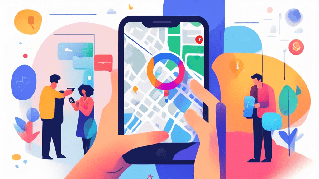A hand holding a smartphone with a Google Maps app open, sharing access to a business profile with another hand reaching for the phone, with a magnifying glass hovering over the Share button.