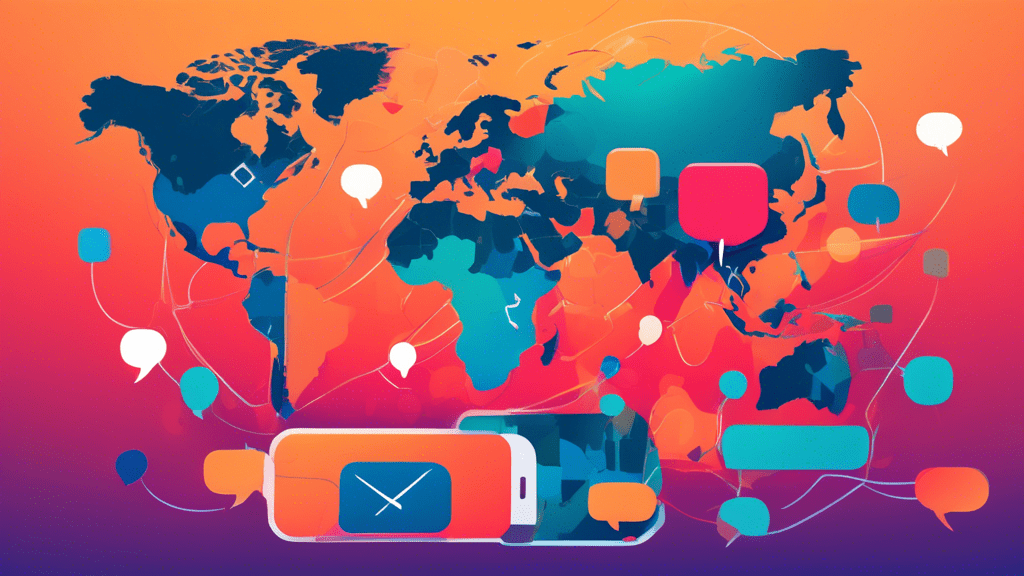 Prompt: A colorful, minimalist illustration showing a smartphone with chat bubbles and a world map in the background, representing simplified global communication through Twilio's address system.