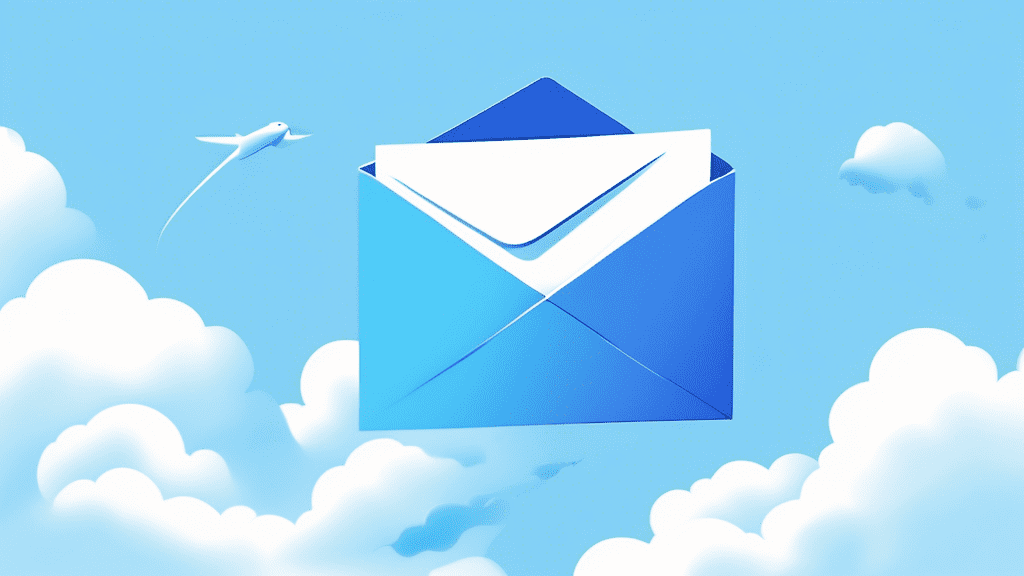 Prompt: A simple, clean illustration of an envelope with the Mailgun logo on it, flying through a blue sky with fluffy white clouds, representing the ease and speed of sending emails using the Mailgun