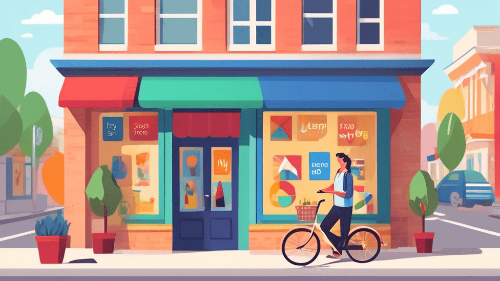 Create an image of a small neighborhood business owner standing proudly outside their charming, well-kept storefront, holding up a smartphone displaying the Google My Business app. Surround the busine