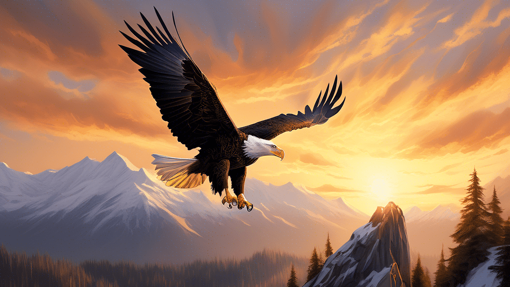 Here is a DALL-E prompt for an image related to the article title Soaring to New Heights:nnA majestic bald eagle with its wings fully extended, soaring high above a scenic mountain landscape at sunris