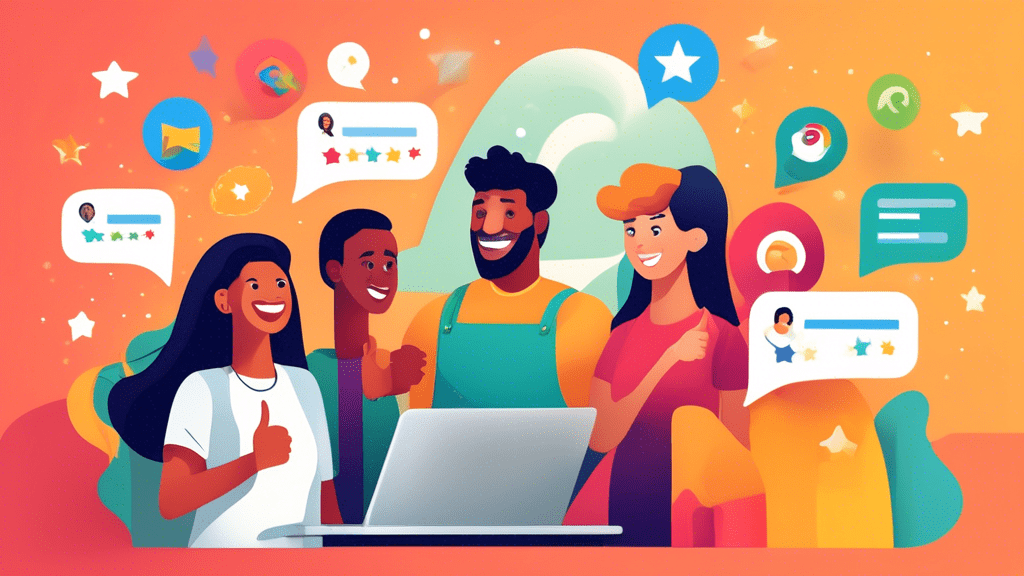 Create an image that depicts a diverse group of satisfied customers leaving positive reviews and ratings on a business's Google profile. The business owner is happily engaging with the reviews on a la