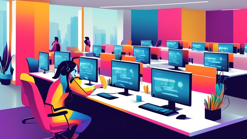 DALL-E Prompt:nA sleek, modern office setting with a person sitting at a desk, smiling while wearing a headset and using a computer with multiple phone call windows open on the screen, representing th