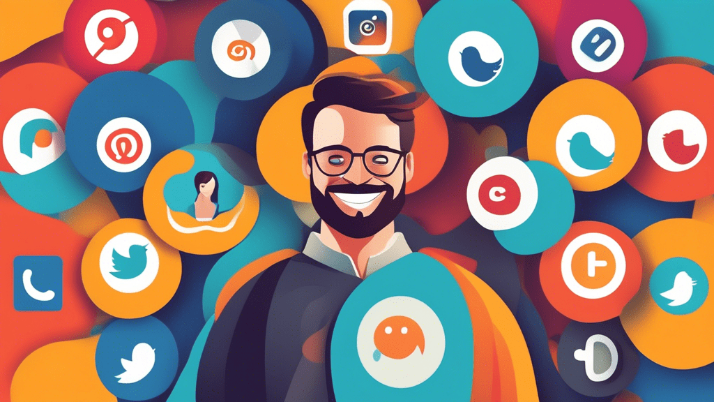 A digital illustration showing a person efficiently managing multiple social media platforms (represented by their logos) using Hootsuite, depicted as a central hub with connecting lines to each platf
