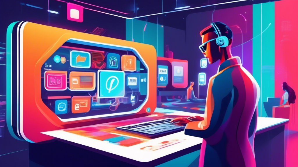 A sleek futuristic machine with conveyor belts organizing social media icons and posts, with a calm person overseeing the automation.