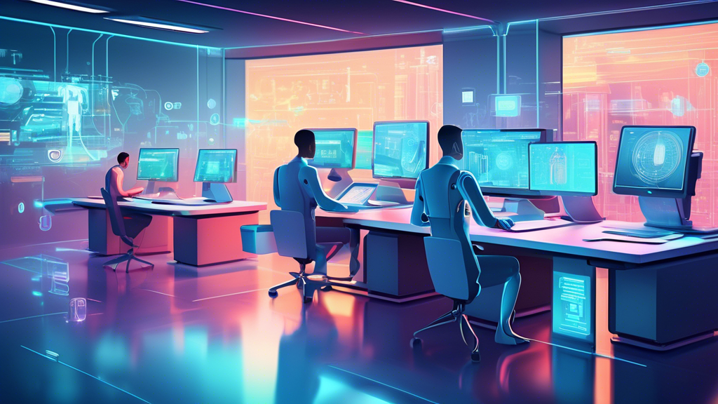 Create a high-tech office scene showing various automated systems at work, such as robots handling clerical tasks, automated conveyor belts moving documents, and a holographic interface where a busine