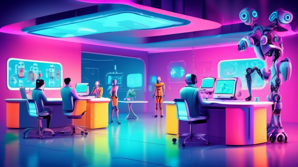 A futuristic customer service center with robots and humans working together to solve problems.