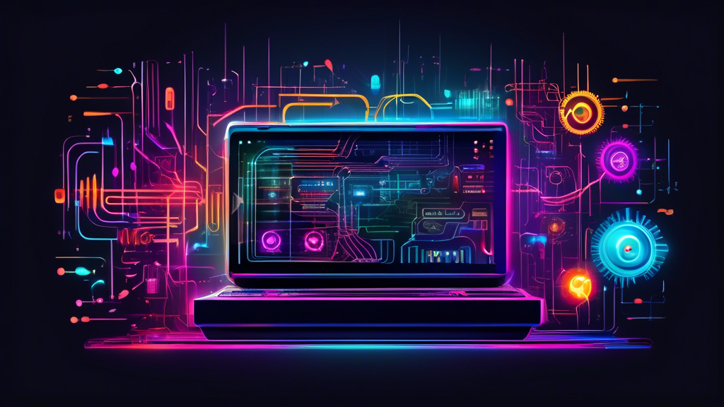 A sleek futuristic machine with glowing circuits and gears labeled ITSM automating tasks represented by digital arrows and data streams.