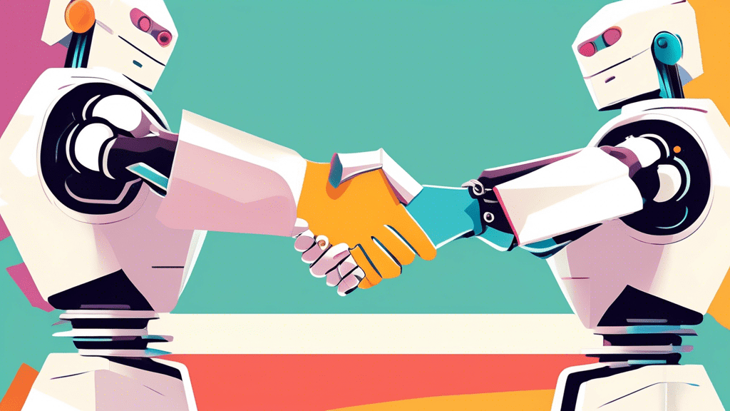 A robot hand shaking a human hand with paperwork flying in the background