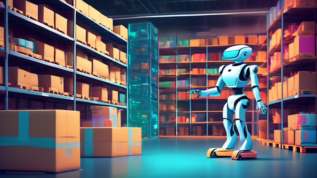 A futuristic robot efficiently managing and organizing a warehouse full of packages and inventory, with a streamlined digital interface displaying data and analytics.