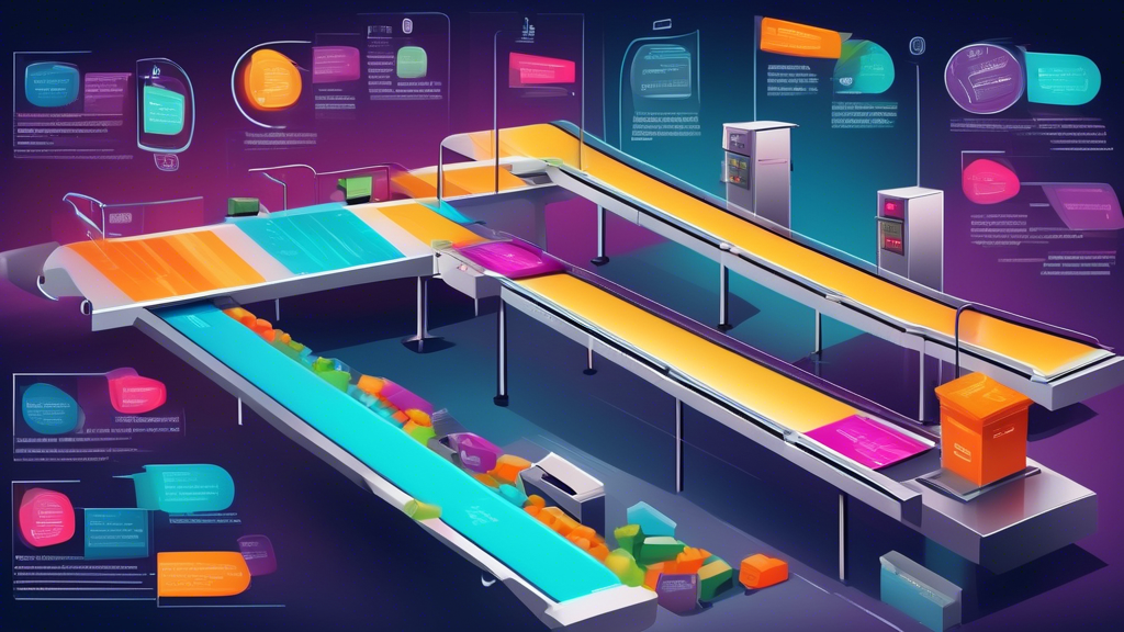 A sleek futuristic conveyor belt system with purchase orders at the start and finished products at the end, labeled source-to-pay automation