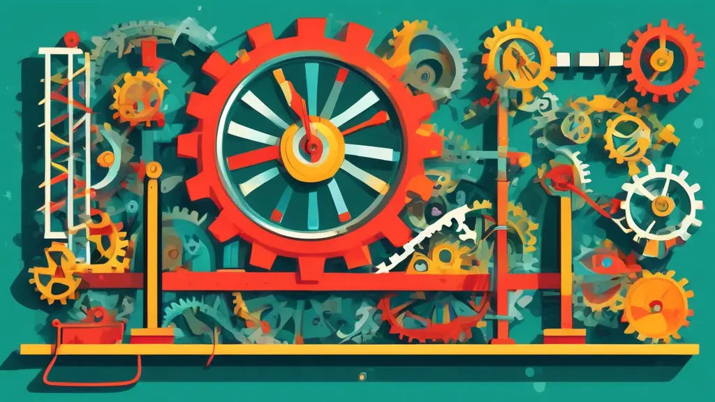 A Rube Goldberg machine automating the scheduling of resources, with gears, pulleys, and dominoes representing different tasks and time slots